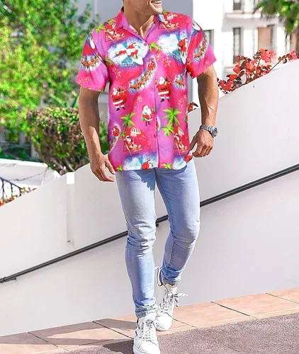 Vista 2 de HAPPY BAY Camisas hawaianas de manga corta con botones para hombre, camisas de verano para playa, vacaciones, isla de Hawái, camisas para hombres