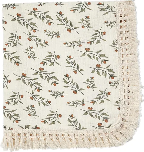 Vista 11 de Manta de muselina de algodón insular para bebé con borla, manta de muselina boho bohemia para bebé con borla, manta de recepción para bebé