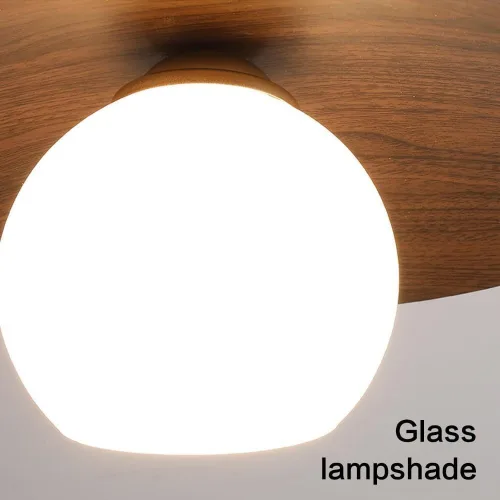 Vista 6 de Lámpara de techo minimalista moderna de globo de vidrio blanco redondo con veta de nuez, lámpara de techo semiempotrada con veta de madera nórdica