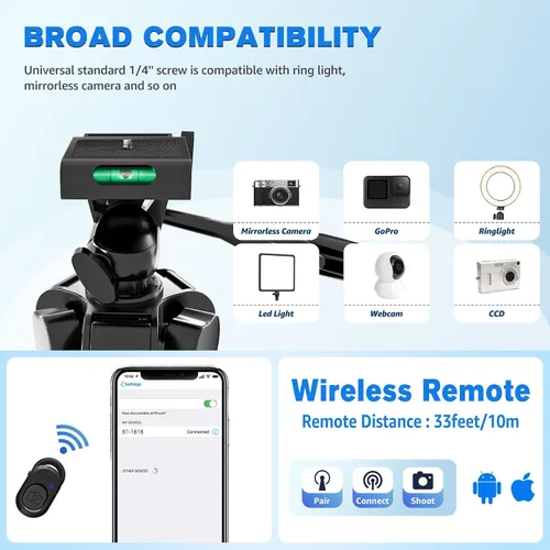 Vista 5 de Trípode para Teléfono, Lusweimi Trípode de 44 Pulgadas para iPhone con Soporte para Teléfono/Control Remoto Inalámbrico para Luz