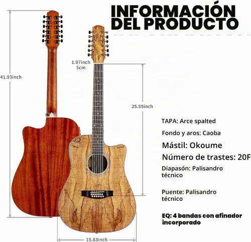 Vista 3 de TARIO 12 Cuerdas Acústica Eléctrica Cutaway Guitarra Spalted Maple Top Caoba Back & sides Okoume Neck
