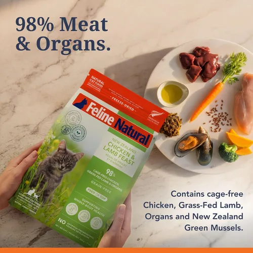 Vista 4 de Alimento para gatos seco de alta proteína Feline Natural, dieta liofilizada con 98% de carne, órganos y mariscos, sin guisantes, granos o aditivos