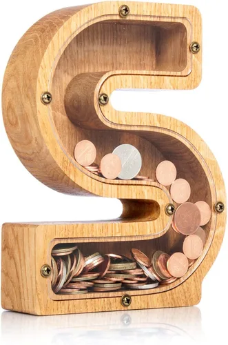 Vista 15 de Alcancía de madera personalizada con letra para niños, niñas y adultos, bancos de monedas de madera de roble duradero, 3 tamaños para elegir