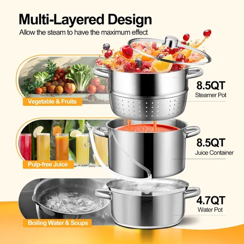 Vista 4 de Exprimidor de frutas de acero inoxidable de 8.5 cuartos de galón / 8 L con tapa de vidrio para enlatado de uva