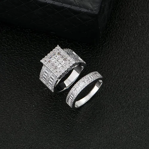 Vista 6 de Hiyong Juego de anillos de boda para mujer, oro blanco, circonita cúbica, anillos de compromiso de plata de moda para mujer