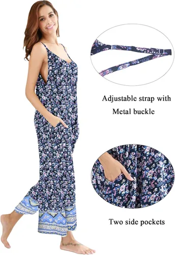 Vista 4 de BUENOS NINOS - Vestido largo de estilo bohemio, estampado floral y cuello en V, para mujer, vestido de estilo étnico con tirantes delgados