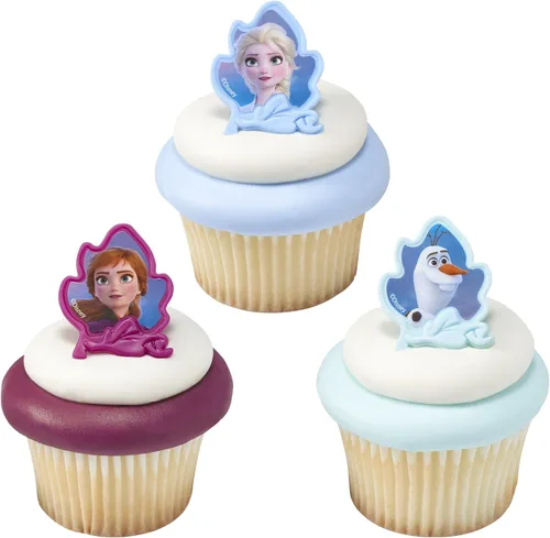 Vista 5 de DecoPac Anillos Frozen II, decoraciones de cupcakes con Elsa, Anna y Olaf para celebraciones de cumpleaños y Navidad, paquete de 24
