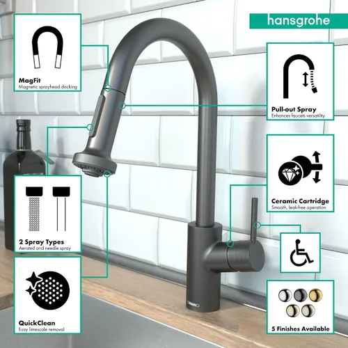 Vista 4 de hansgrohe Talis S² - Grifo de cocina de barra negra, grifos de cocina con rociador extraíble, grifo para fregadero de cocina, cabezal rociador
