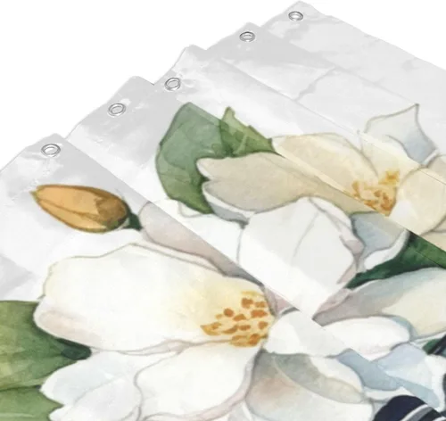 Vista 3 de YLATY3027 - Cortina de ducha con estampado de flores y flores para baño, juego de cortina de ducha bohemia con hojas verdes y flores blancas, tela