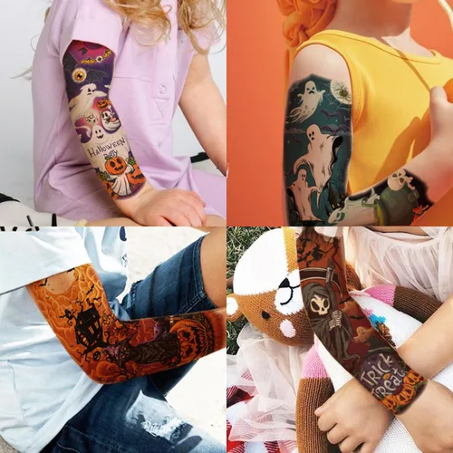 Vista 5 de CHARLENT Tatuajes temporales de brazo completo de Halloween para niños, 11 hojas de tatuajes de Halloween de brazo completo para niños y niñas