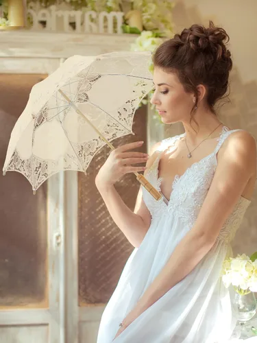 Vista 6 de Sombrilla de encaje de 6 piezas, sombrilla de encaje para boda, sombrilla de encaje vintage con asa para dama de honor, niña de las flores