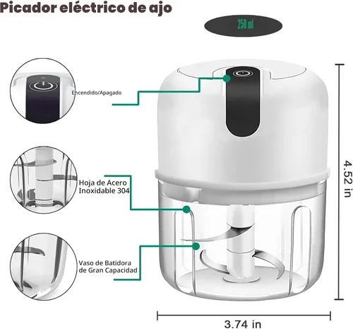 Vista 5 de 250ML Mini licuadora eléctrica de ajo, picadoras de verduras portátiles, triturador de ajo y picador de cebolla, licuadora para vegetales