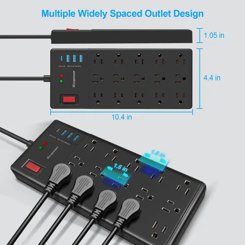 Vista 4 de Regleta de alimentación con protector de sobretensiones, 15 tomas de corriente ampliamente espaciadas y 4 puertos USB (1 puerto USB C), cable