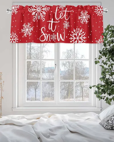 Vista 165 de Cenefa de cortina con lazo rojo de Navidad para ventanas, sala de estar, cocina, baño, granja, bolas de Navidad de acuarela con diseño de bayas