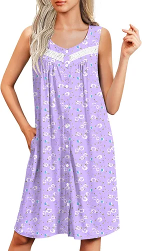 Vista 13 de Ekouaer Camisones para mujer, con botones, sin mangas, suave, con bolsillos, tallas S-XXXL