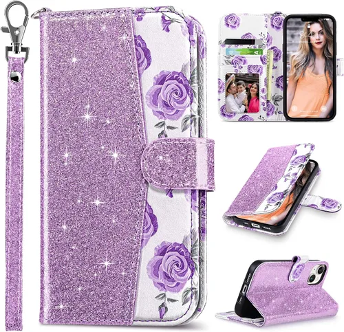 Vista 22 de ULAK Compatible con iPhone 13 Funda tipo cartera para mujer, funda tipo billetera de piel PU con tarjetero y función de caballete, funda protectora