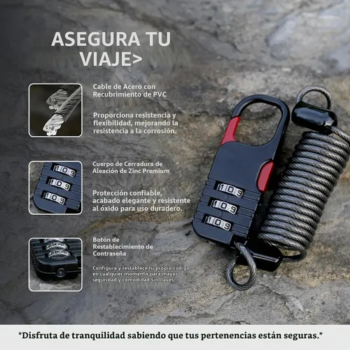 Vista 4 de Candado de esquí de combinación pequeña con cable retráctil (cable de 3 pies/91cm), cerraduras de cable delgadas con combinación para equipaje