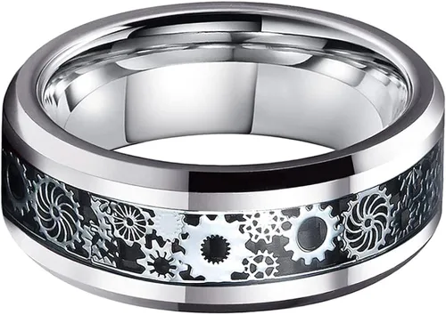 Vista 2 de Wow Jewelers - Anillo de tungsteno de 6 mm y 8 mm color negro, plateado, rojo y azul para hombres y mujeres, anillos de matrimonio estilo Steampunk