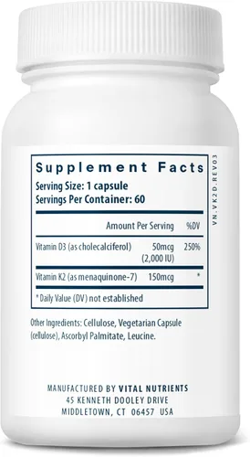Vista 3 de Vital Nutrients Vitamina D3 + K2 2000 UI Suplemento de Vitamina D3 K2 Complejo de Vitamina D para Niveles Saludables de Calcio, Salud Muscular