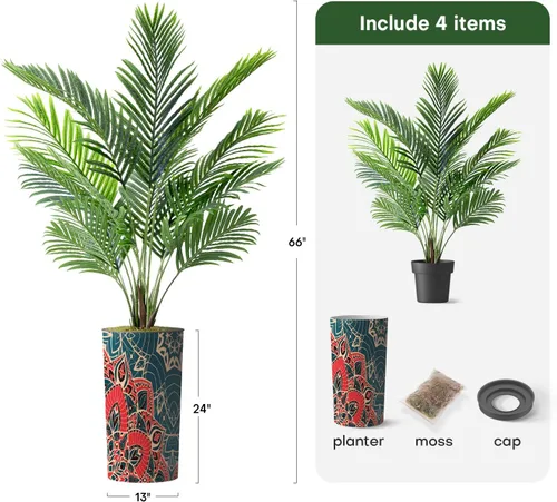 Vista 3 de Árbol artificial en macetero moderno con patrón de mandala, palmera tropical areca artificial de seda para decoración del hogar en interiores
