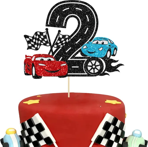 Vista 15 de Ephlyn 1 pieza de decoración para tarta de primer cumpleaños de coche de carreras con purpurina, decoración de tarta 1er cumpleaños para bandera a