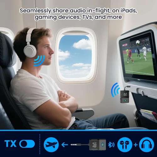 Vista 2 de Receptor transmisor Bluetooth para avión, televisores, 2 en 1, adaptador inalámbrico Bluetooth 5.3 compatible con 2 auriculares, teléfonos