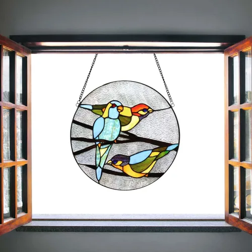 Vista 3 de Bieye W10044 Parrots on Branches Tiffany Style - Panel colgante de vitral con cadena, forma redonda de 16 pulgadas de ancho, color azul