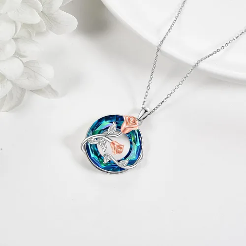 Vista 4 de URONE Collar de flor de rosa de plata de ley 925 con colgante de rosa con círculo de cristal de flor de nacimiento de junio, regalo de joyería