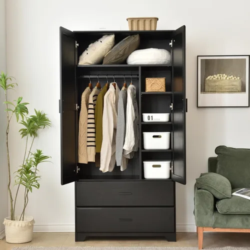 Vista 3 de Woodpecker's Inc Armario de madera maciza de pino con puertas elevadas y 2 cajones (negro)