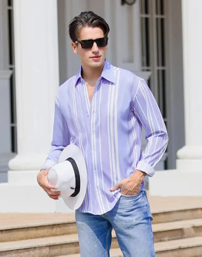 Vista 4 de APTRO Men's Casual Stripes Dress Shirt Long Sleeve Regular Fit Button Down Shirt