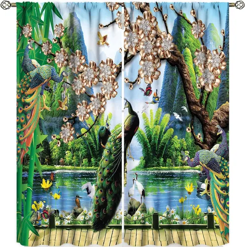 Vista 10 de Cortinas opacas de pavo real, hermoso patrón de estampado de flores de pavo real azul, estampado de mariposas y pavo real, juego de 2 paneles