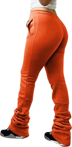 Vista 2 de Pantalones apilados para mujer, leggings de cintura alta con cordón ajustable, pantalones casuales acampanados, pantalones de entrenamiento