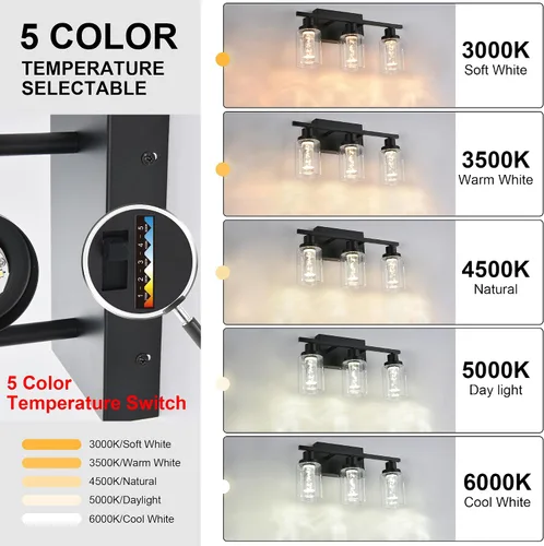 Vista 4 de MELUCEE Lámparas de tocador de baño, 3 luces LED sobre espejo, 3000 K-6000 K, moderna luz negra para baño con pantalla de cristal de burbujas, chips