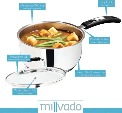 Vista 2 de Millvado Sartén de acero inoxidable de 1.7 cuartos de galón con tapa de vidrio transparente y marcas de medición permanentes, olla de ebullición
