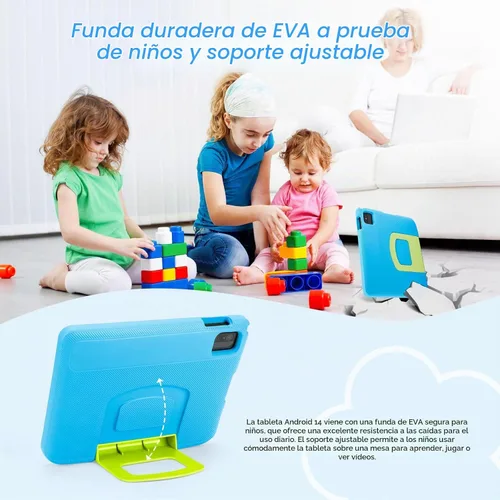 Vista 8 de Tablet Android 14 para niños – Tableta para niños de 10.1 pulgadas con funda EVA azul, Android 14, CPU A523 Octa-Core, 8GB+64GB, Wi-Fi 6