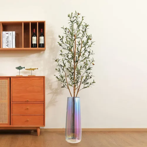 Vista 5 de Jarrón de vidrio iridiscente y bambú – Jarrón cilíndrico de vidrio para plantas y flores hidropónicas de 18 pulgadas de alto