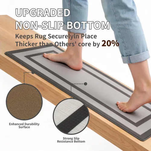 Vista 5 de Tapete de cocina de PVC de alta calidad con diseño geométrico, resistente antifatiga y antideslizante, para fregaderos y estufas, negro y gris