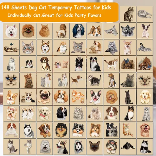Vista 3 de CHARLENT 148 tatuajes temporales para niños – Tatuajes individuales 3D para cachorros y gatitos para niños y niñas, animales, regalos de fiesta