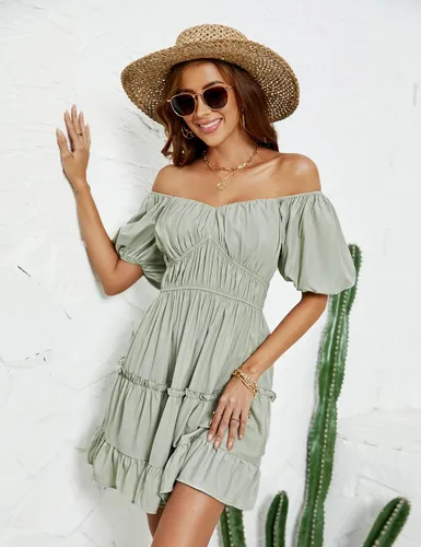 Vista 4 de Blooming Jelly Vestido babydoll para mujer, manga abombada, casual, con hombros descubiertos, vestido suelto con volantes y espalda descubierta