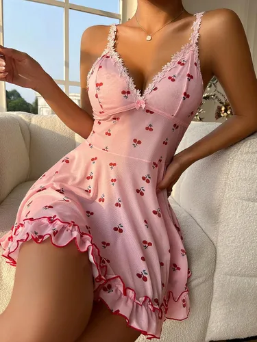 Vista 5 de SHENHE Camisón sin mangas con estampado de cereza para mujer, con ribete de encaje, dobladillo con volantes