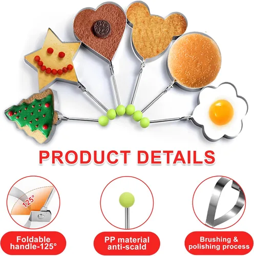 Vista 3 de Juego de 6 moldes para huevos fritos antiadherentes de acero inoxidable y máquinas para hacer panqueques con asas plegables para cocinar