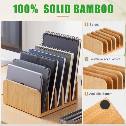 Vista 4 de Lineshading Organizador de cartas de bambú, organizador de correo de escritorio de 5 compartimentos, soporte de sobres de escritorio y clasificador