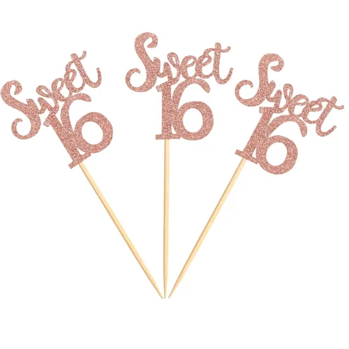 Vista 4 de Ercadio Paquete de 24 adornos para cupcakes con purpurina de oro rosa para 16 niños, 16 años, aniversario, fiesta, decoración de pasteles