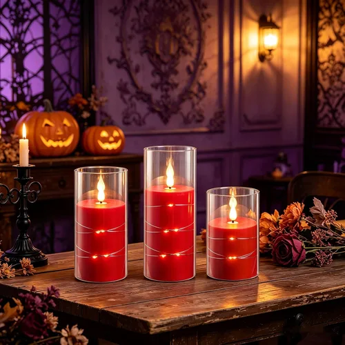 Vista 6 de Da by Paquete de 3 velas cónicas de acrílico transparente rojo sin llama, velas LED parpadeantes de mecha negra con cadena de luces de hadas, velas