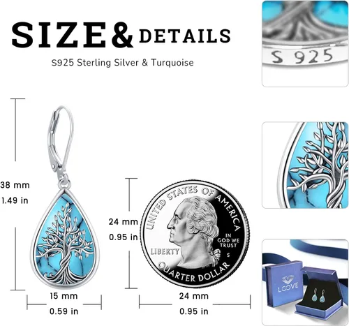 Vista 134 de Aretes colgantes de plata de ley con diseño de árbol de la vida, flor, abeja, animales, gato, colibrí, piedra lunar, turquesa, aretes con cierre