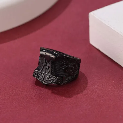 Vista 8 de FaithHeart Norse Viking Jewelry - Anillo de acero inoxidable de guerrero para hombre con diseño vikingo de cabeza de lobomartillo de Thor
