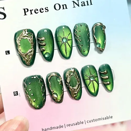 Vista 8 de Nude French Tip Acrylic Medium Almond Press on Nails Flower Fake Nails LHD-Almond-006-03