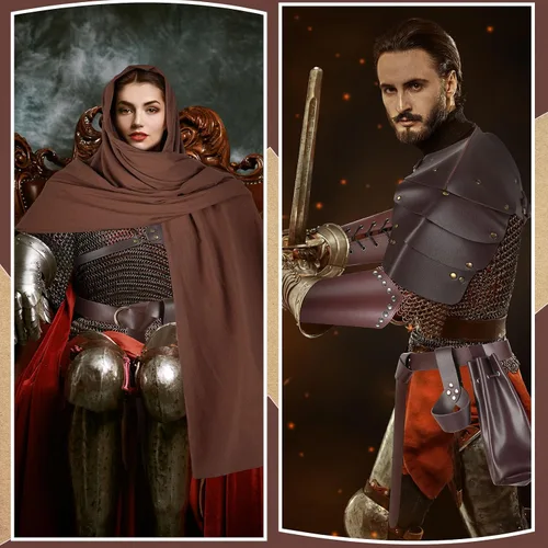 Vista 6 de 7 Pcs Men Halloween Medieval Costume Pirate Outfit Knight Accessories Shoulder Cape Scarf Leather Arm Guards