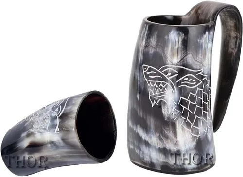 Vista 2 de Taza vikinga de cuerno de buey para beber, vaso de chupito, auténtica, hidromiel y cerveza, jarra vintage con asa, diseño de lobo/fenrir acabado