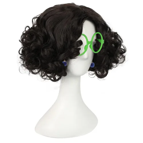 Vista 3 de IMEYLE Peluca marrón para mujeres y niñas (1 lentes verdes + 2 aretes) peluca rizada sintética Cosplay peluca para fiesta de disfraces de Halloween